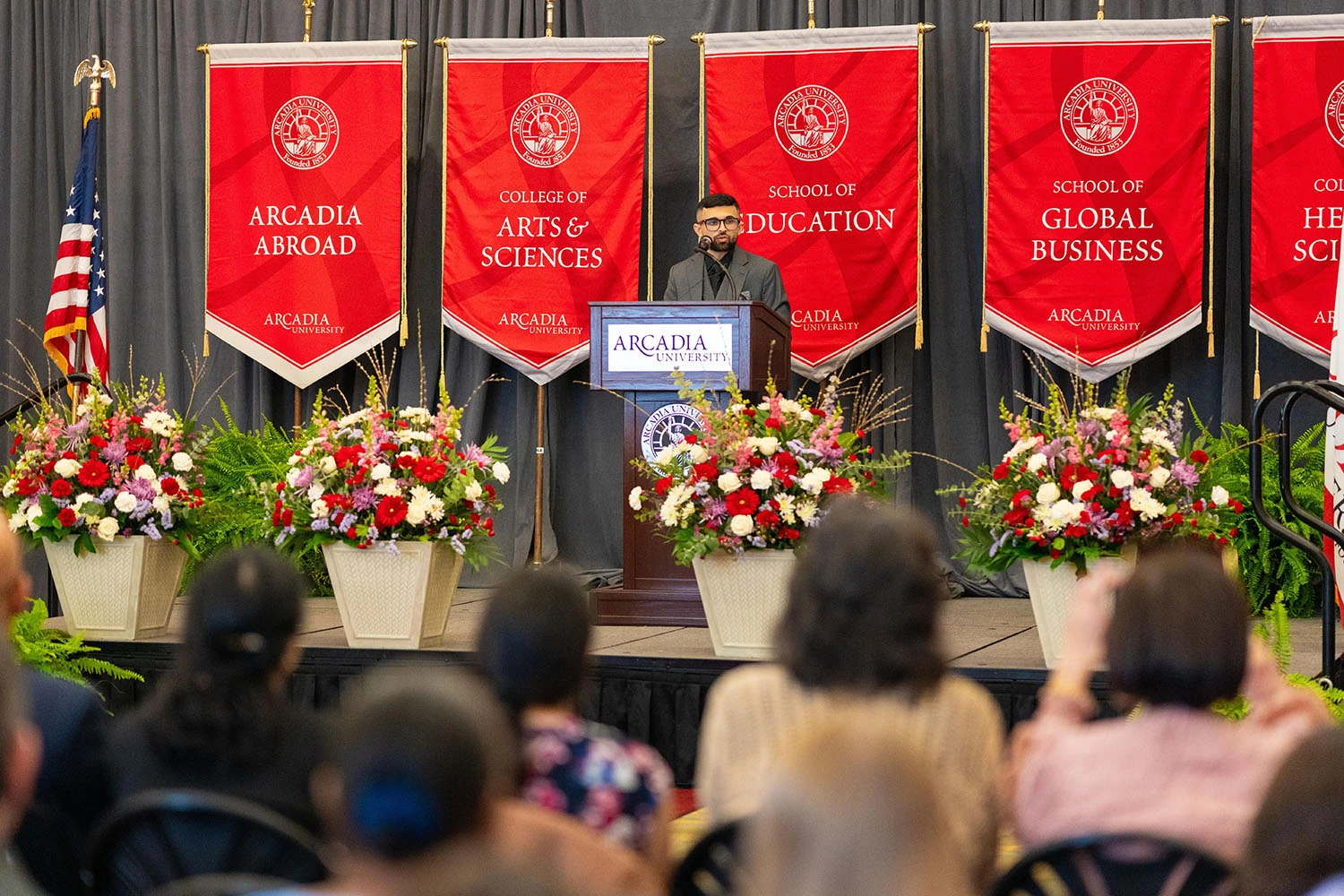Student speaker Jay Mehta ’20MEd, ’28EdD on stage at Honors Convocation.