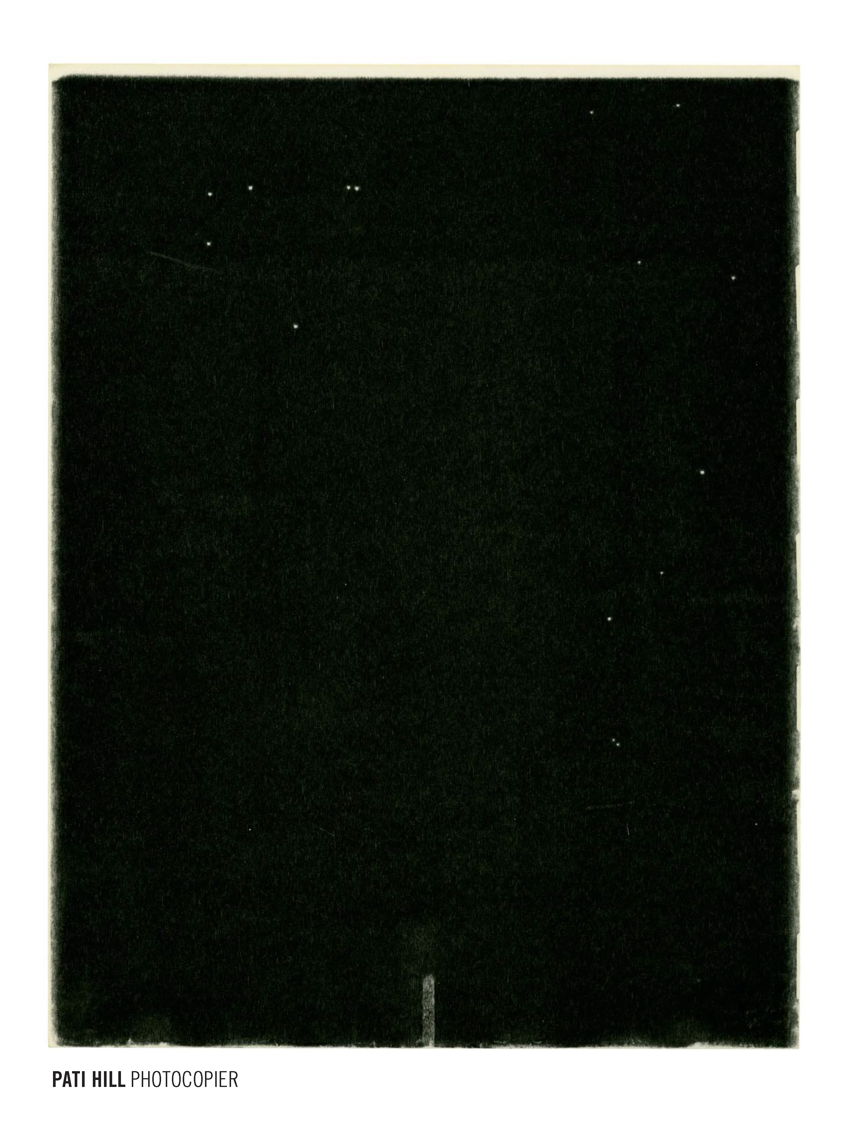 Cover of "Pati Hill: Photocopier," which depicts a black rectangle with slight imperfections. The title is underneath in a small font. 